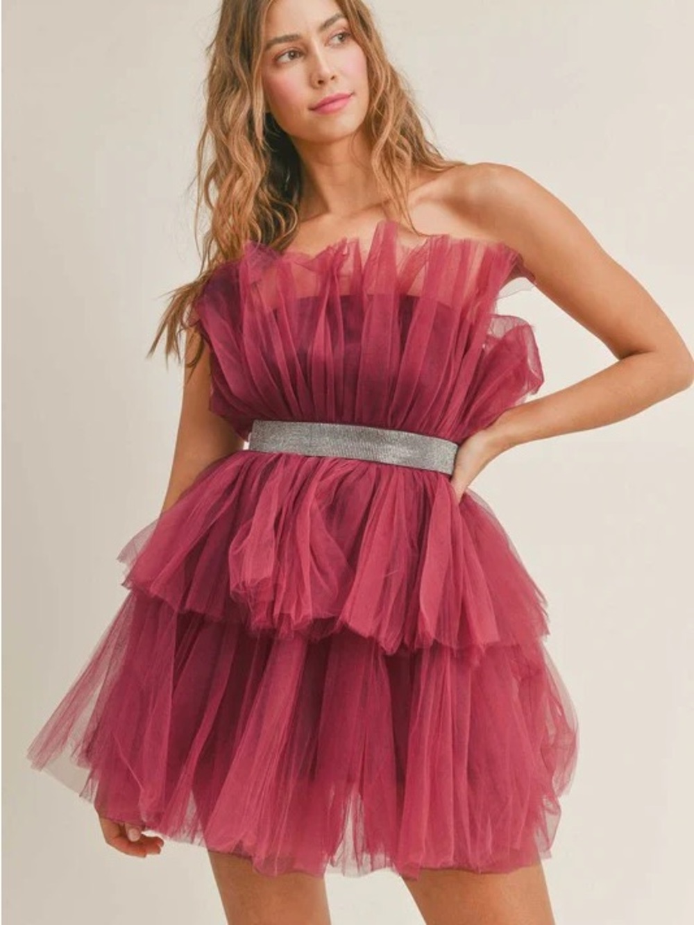 Strapless Ruffled Tulle Mini Dress in Berry with Silver Waist